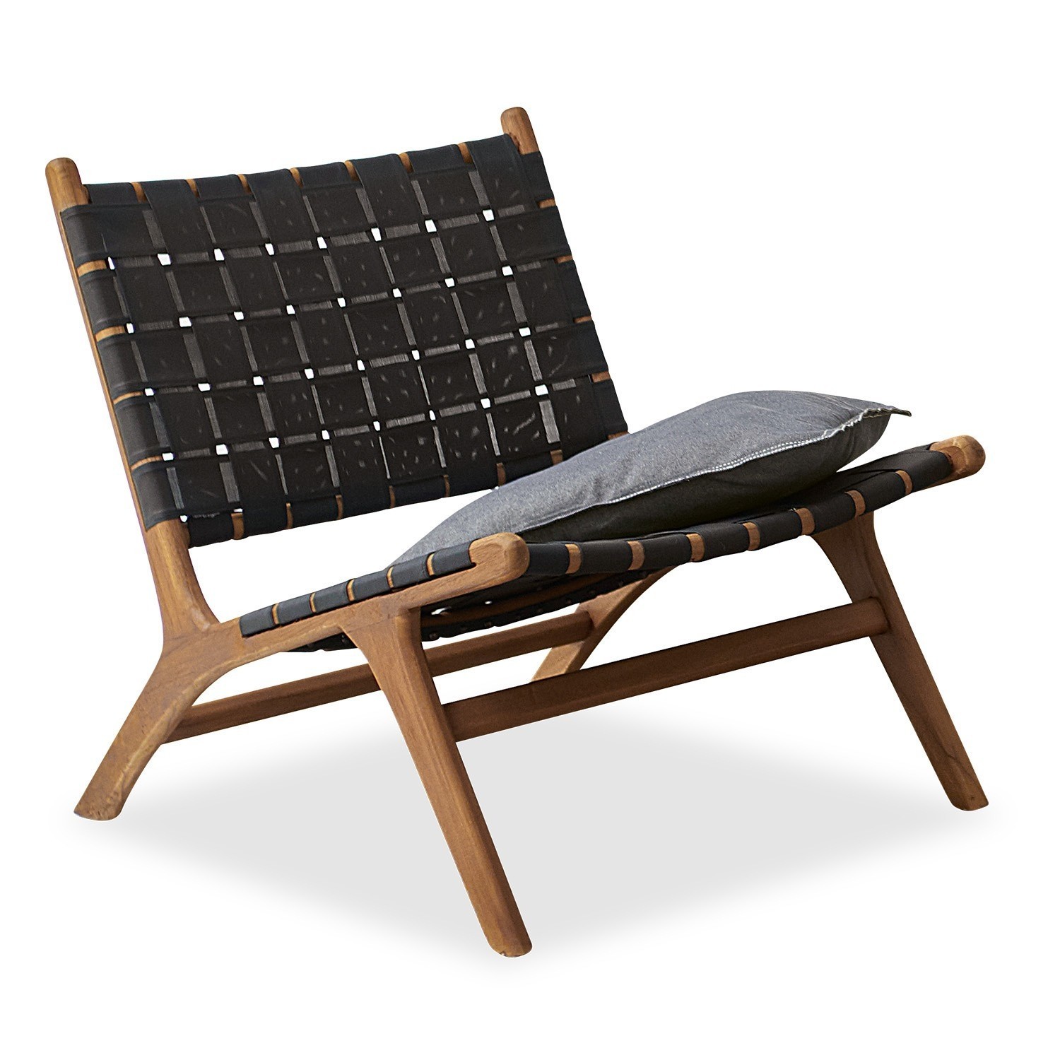 Stuhl aus Holz mit schwarzen Riemen und grauem Kissen, moderner Lounge-Sessel für Wohnzimmer