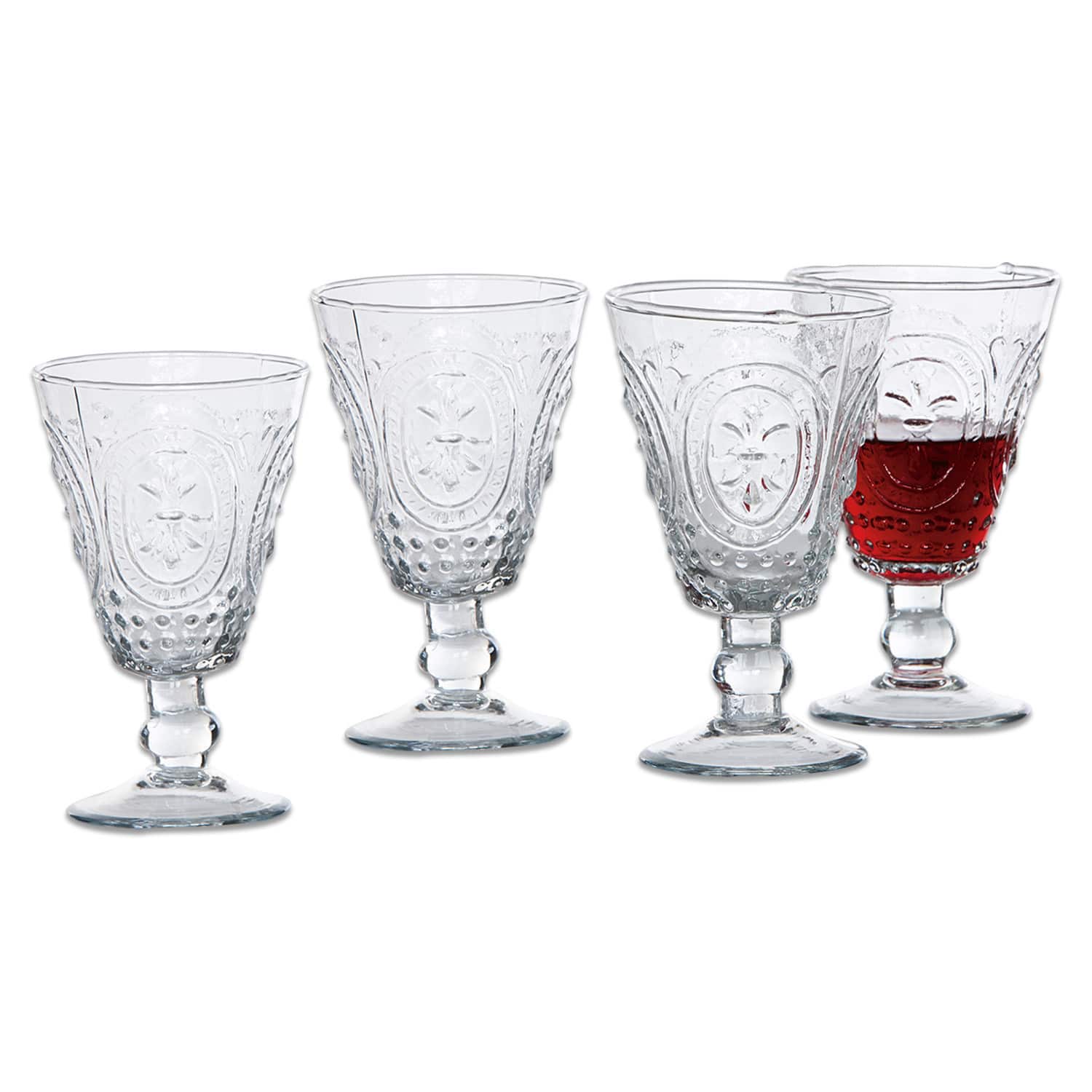 Weingläser 4er Set Sarton Set aus vier klaren Gläsern mit dekorativem Muster, ideal zum Servieren von Getränken.
