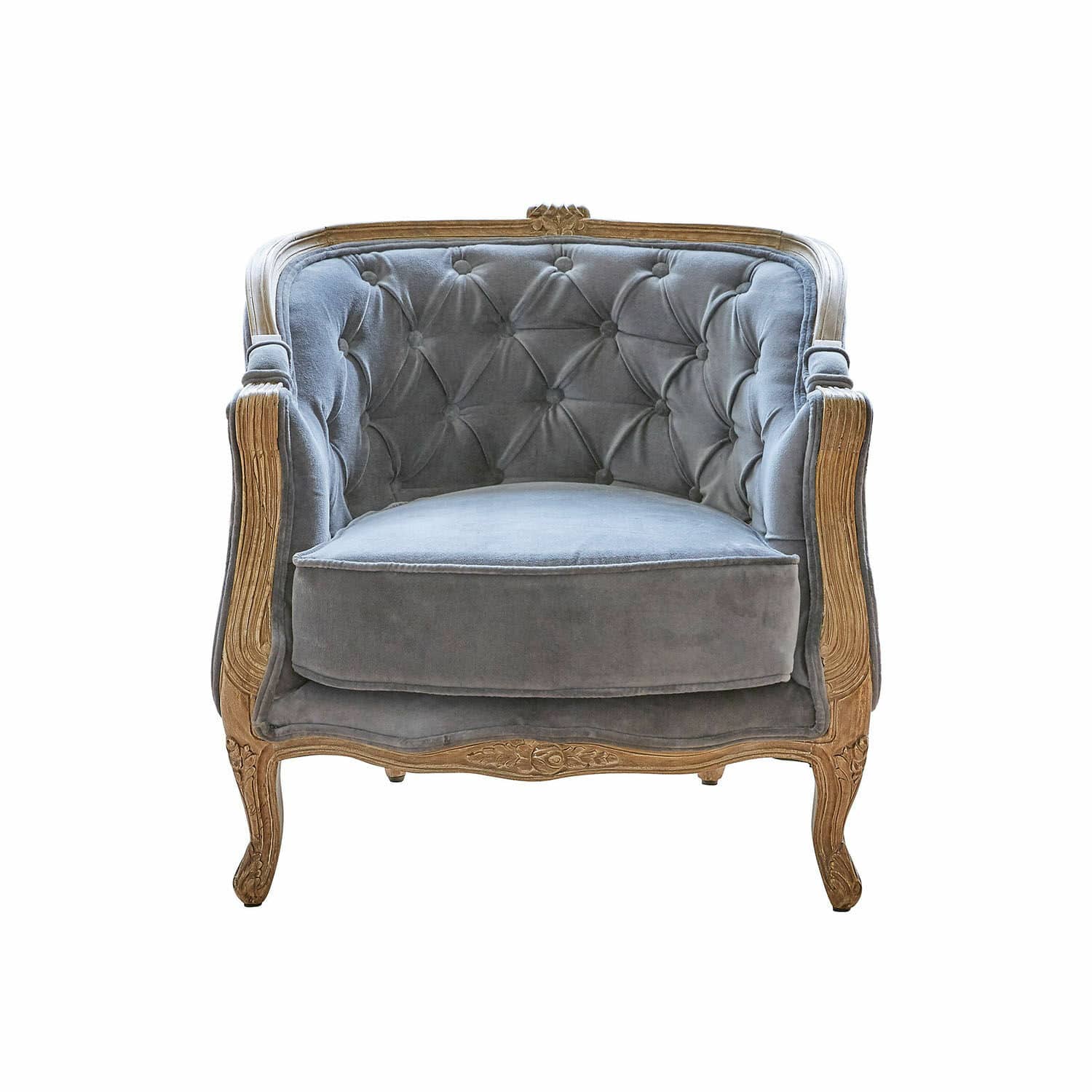 graublau Sessel Annezay mit graublauem Samtbezug und geschnitztem Holzrahmen, eleganter Wohnzimmersessel
