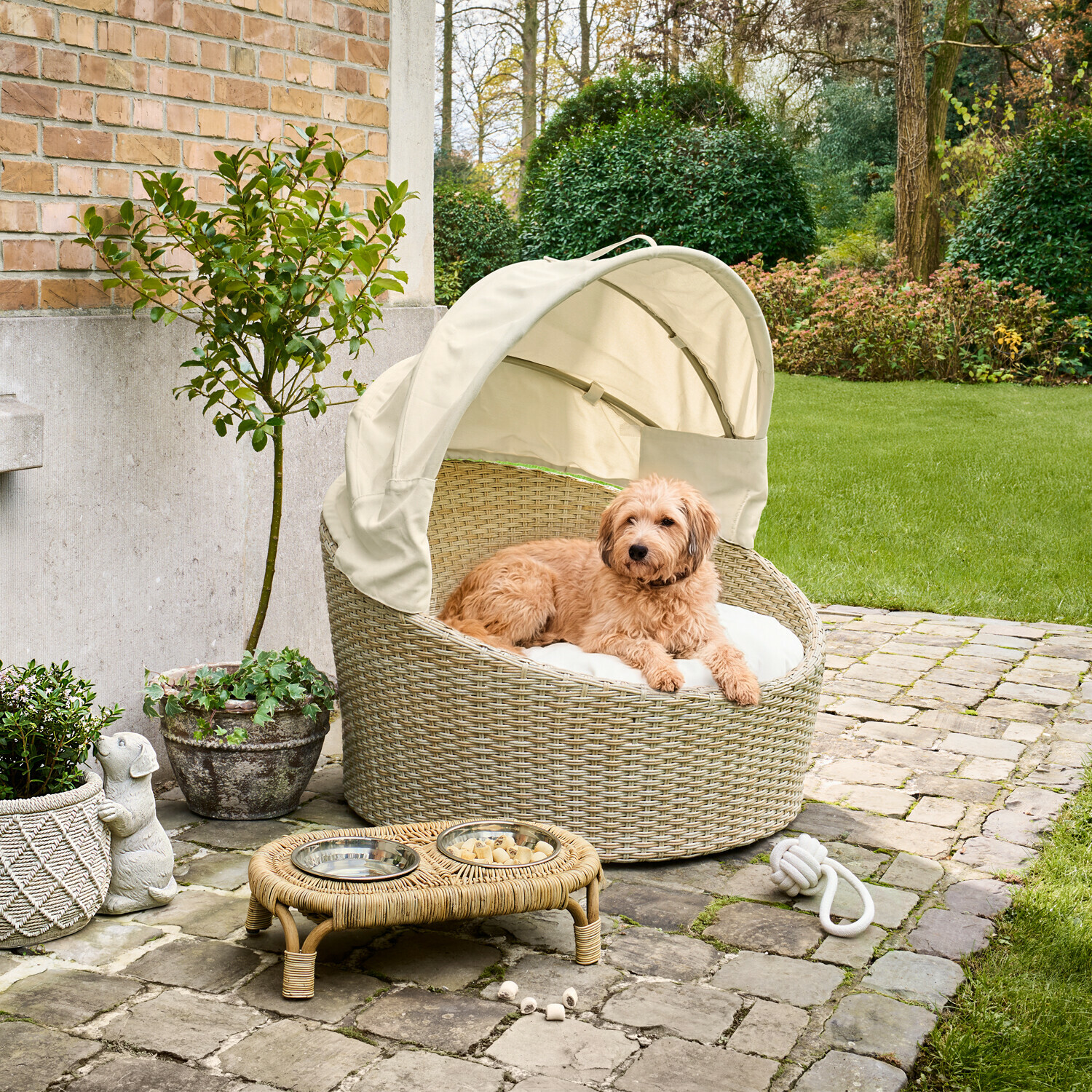 Rundes Hundebett aus hellem Rattan mit cremefarbenem Dach und Kissen auf gepflastertem Hof