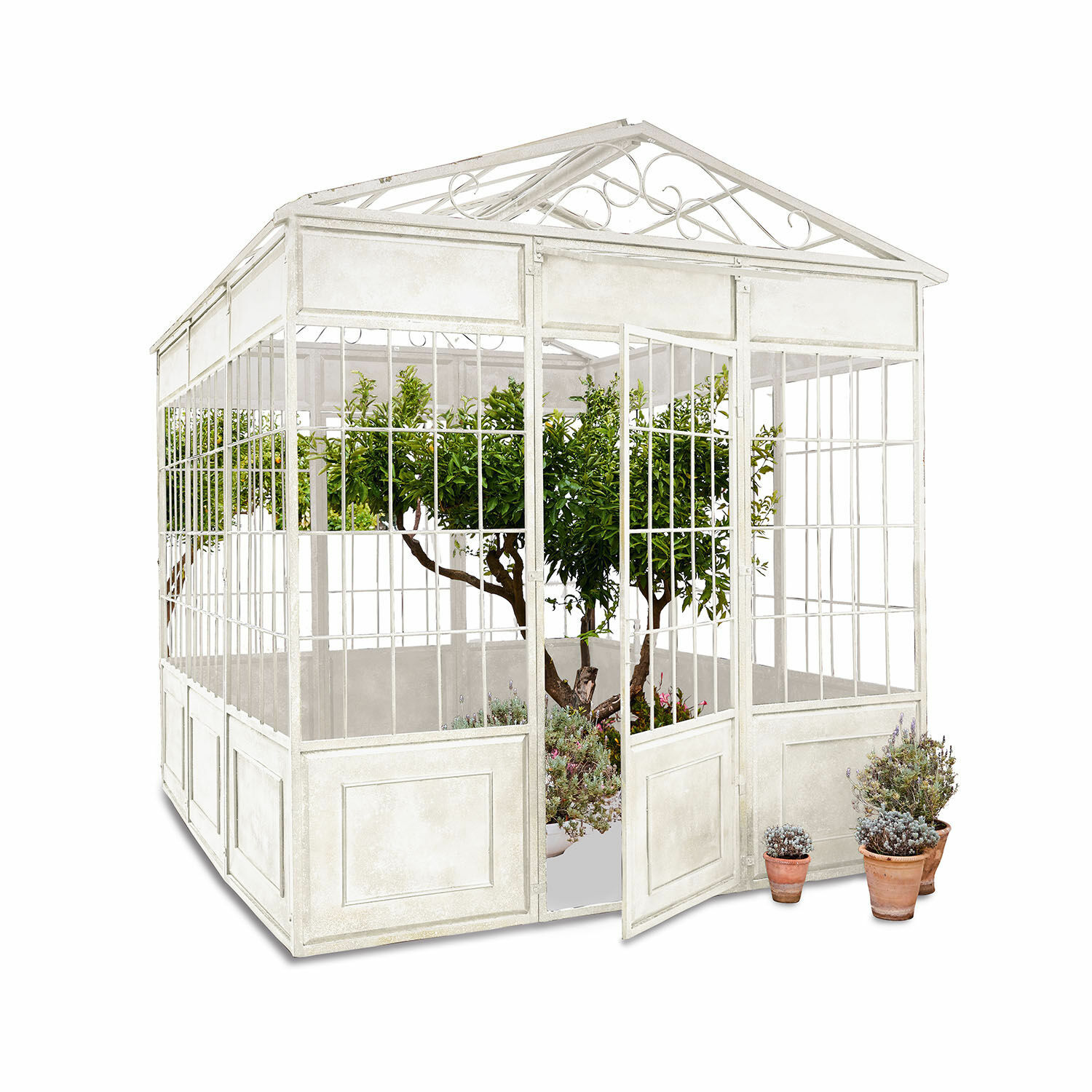 Weißer Metall-Pavillon Essone mit Pflanzen und Töpfen, ideal für Garten und Terrasse