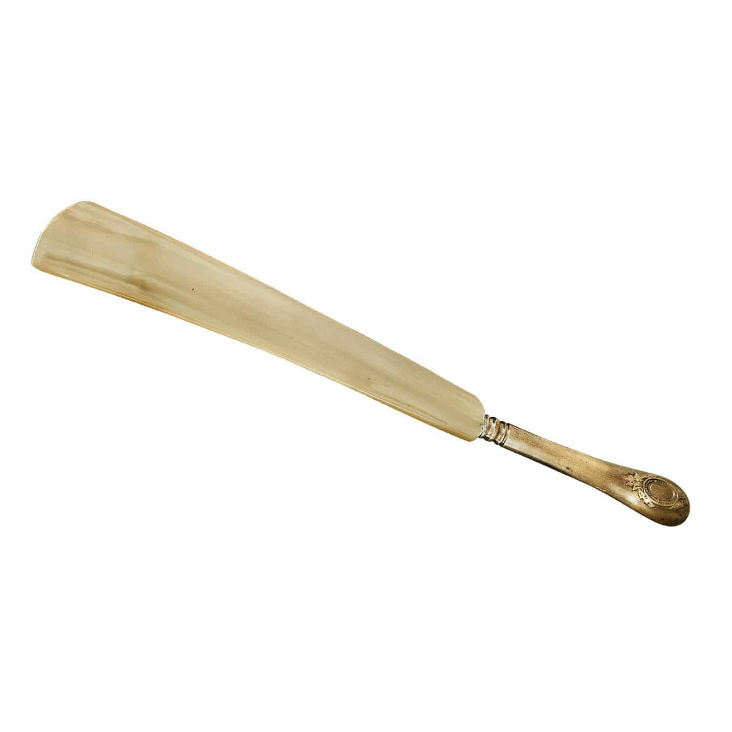 Schuhlöffel Charles Eleganter Schuhanzieher aus hellem Horn mit verziertem goldenem Metallgriff