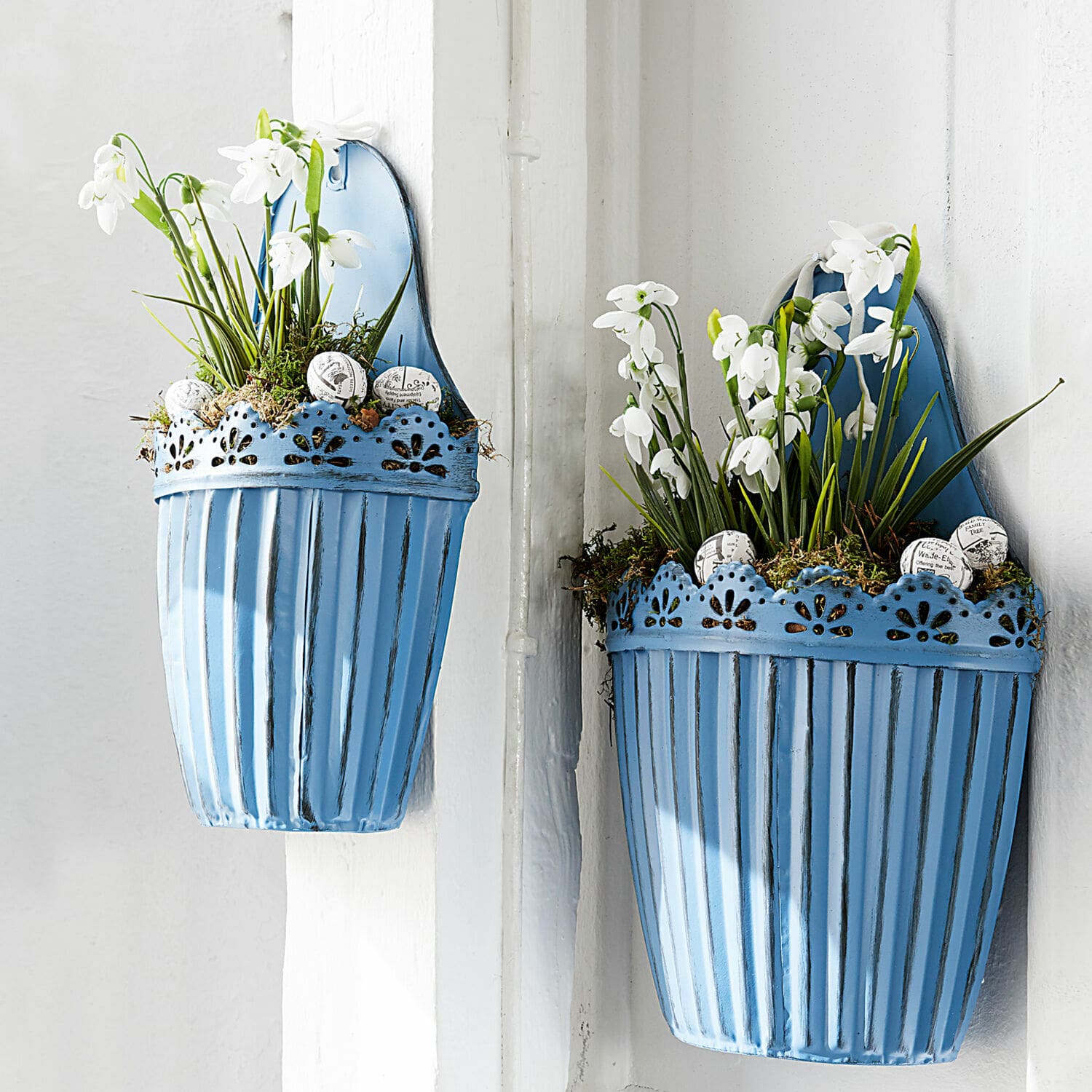 Blaue Metall-Wandblumentöpfe mit weißen Blumen und dekorativem Muster an der Wand