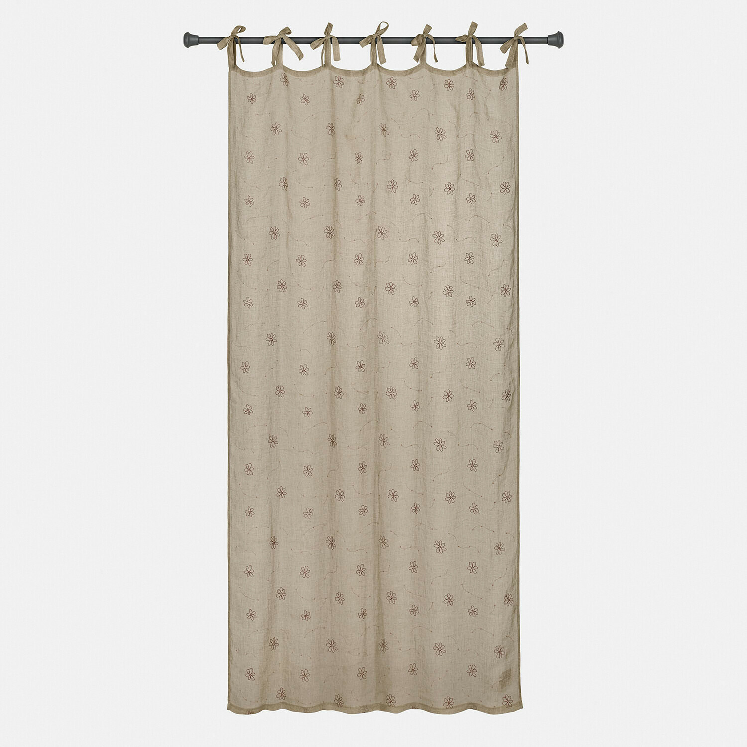 Beiger Leinenvorhang mit braunem Blumenmuster und gebundenen Schlaufen zum Aufhängen