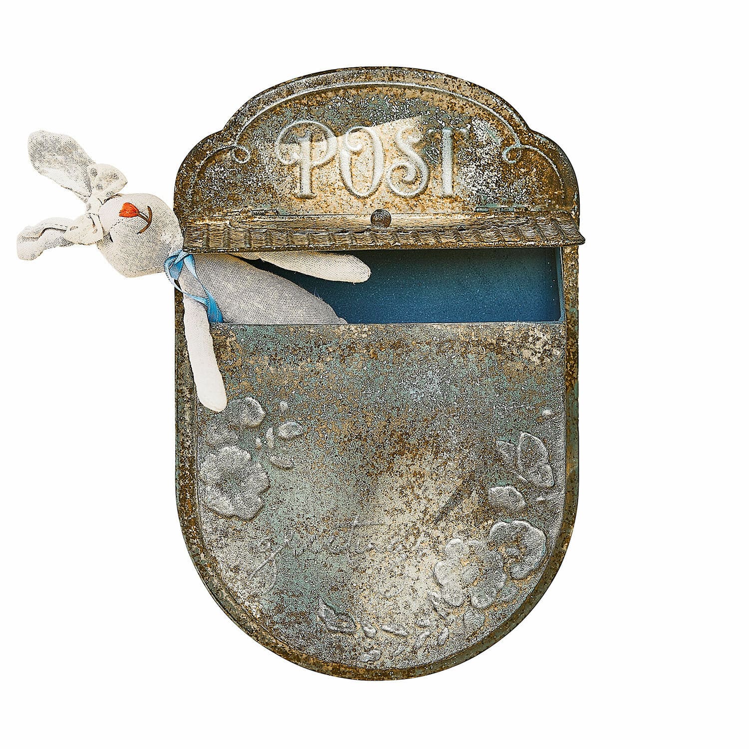 Briefkasten Mimello Metall-Briefkasten mit Patina, Schriftzug POST und Stoffhase im Inneren