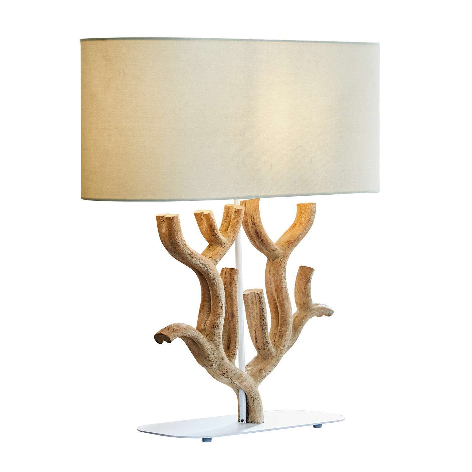 Tischlampe mit beigem Stoffschirm und Holzfuß in Astform, dekorative Wohnraumbeleuchtung