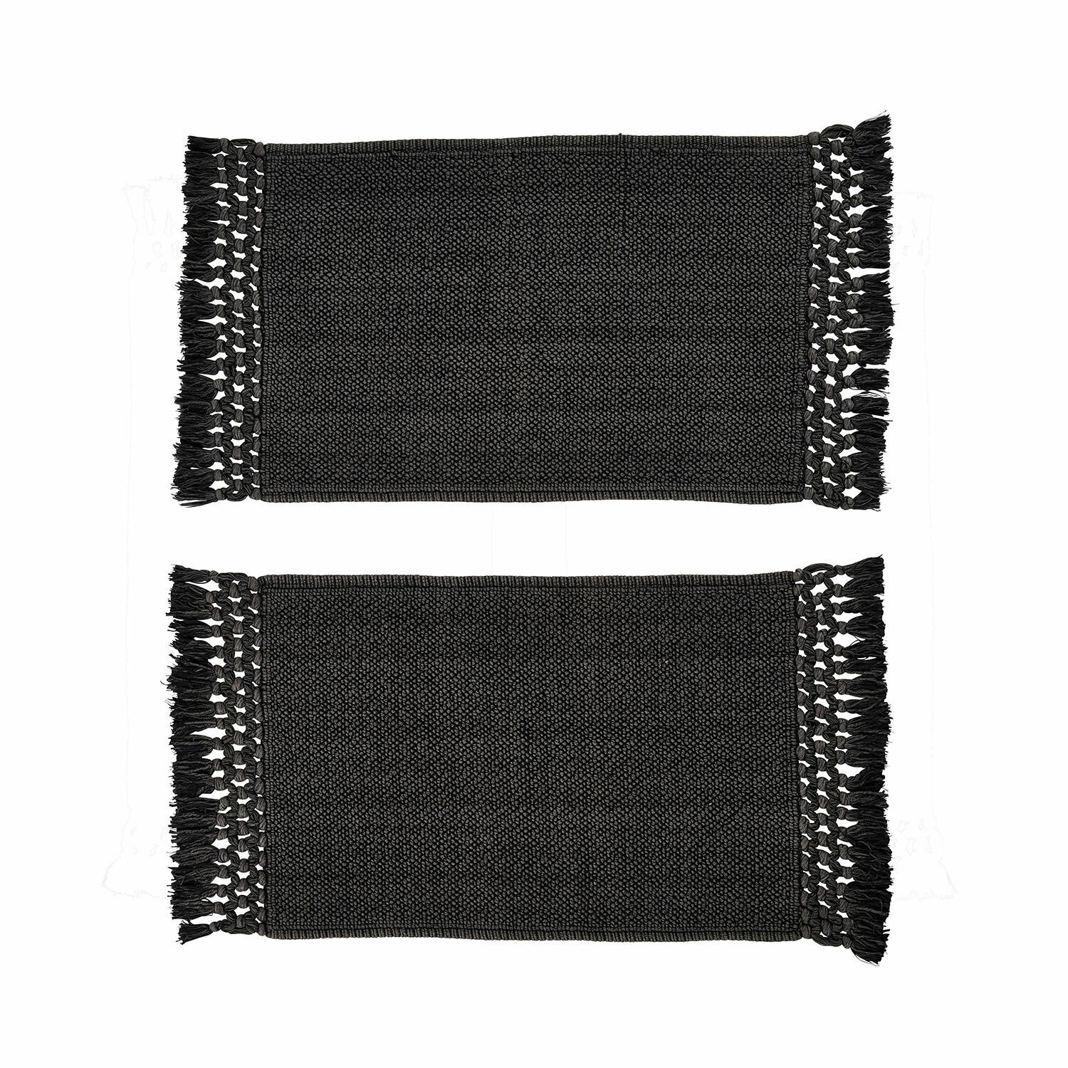 2er Set schwarze Badematten Faelwyn aus Baumwolle mit Fransen, weiche und saugfähige Badteppiche