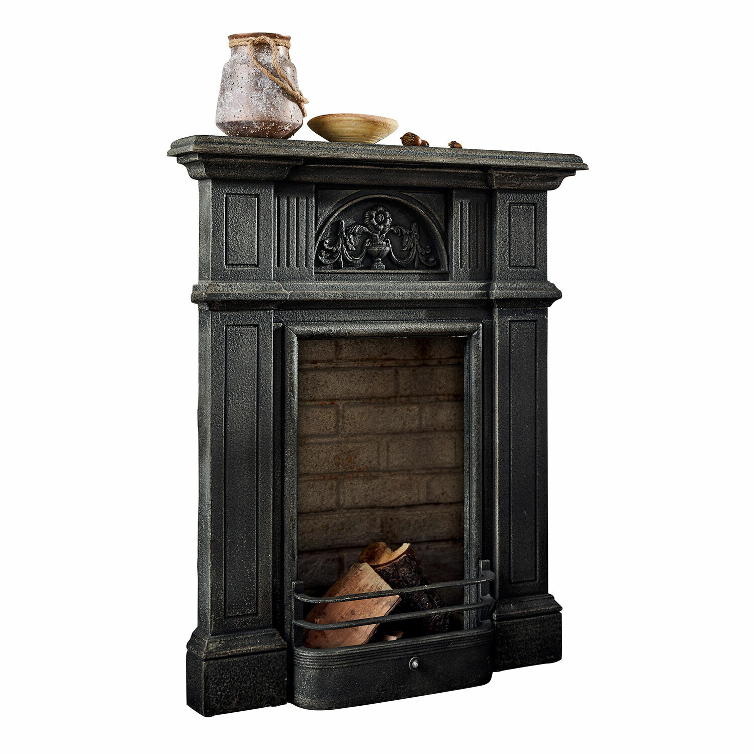 Kaminkonsole Corvelle Schwarzer Kamin mit dekorativem Frontdesign und Holzscheiten, stilvolles Wohnaccessoire