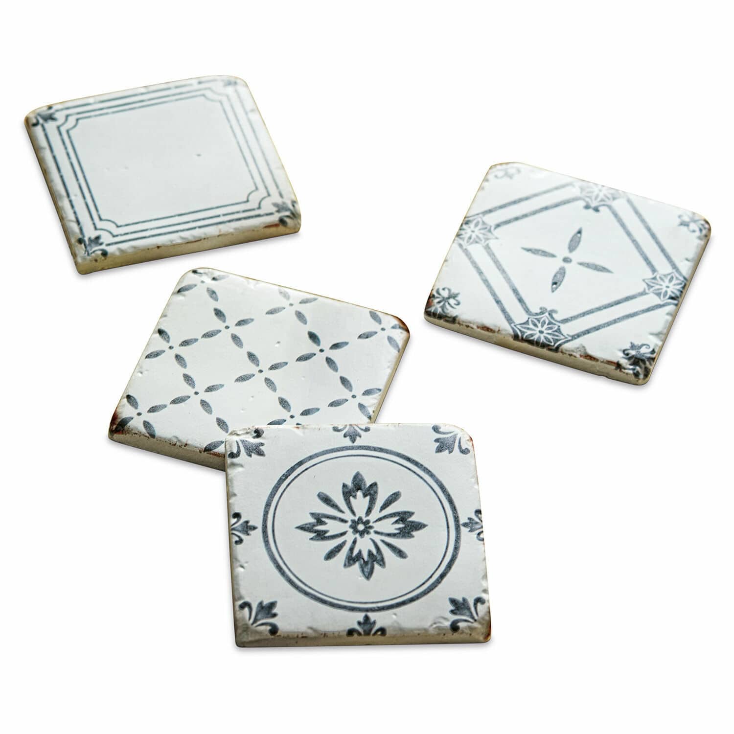 Untersetzer 4er Set Emma Weiße Keramikuntersetzer mit schwarzen Blumen- und Geometriemustern, dekorative Wohnaccessoires