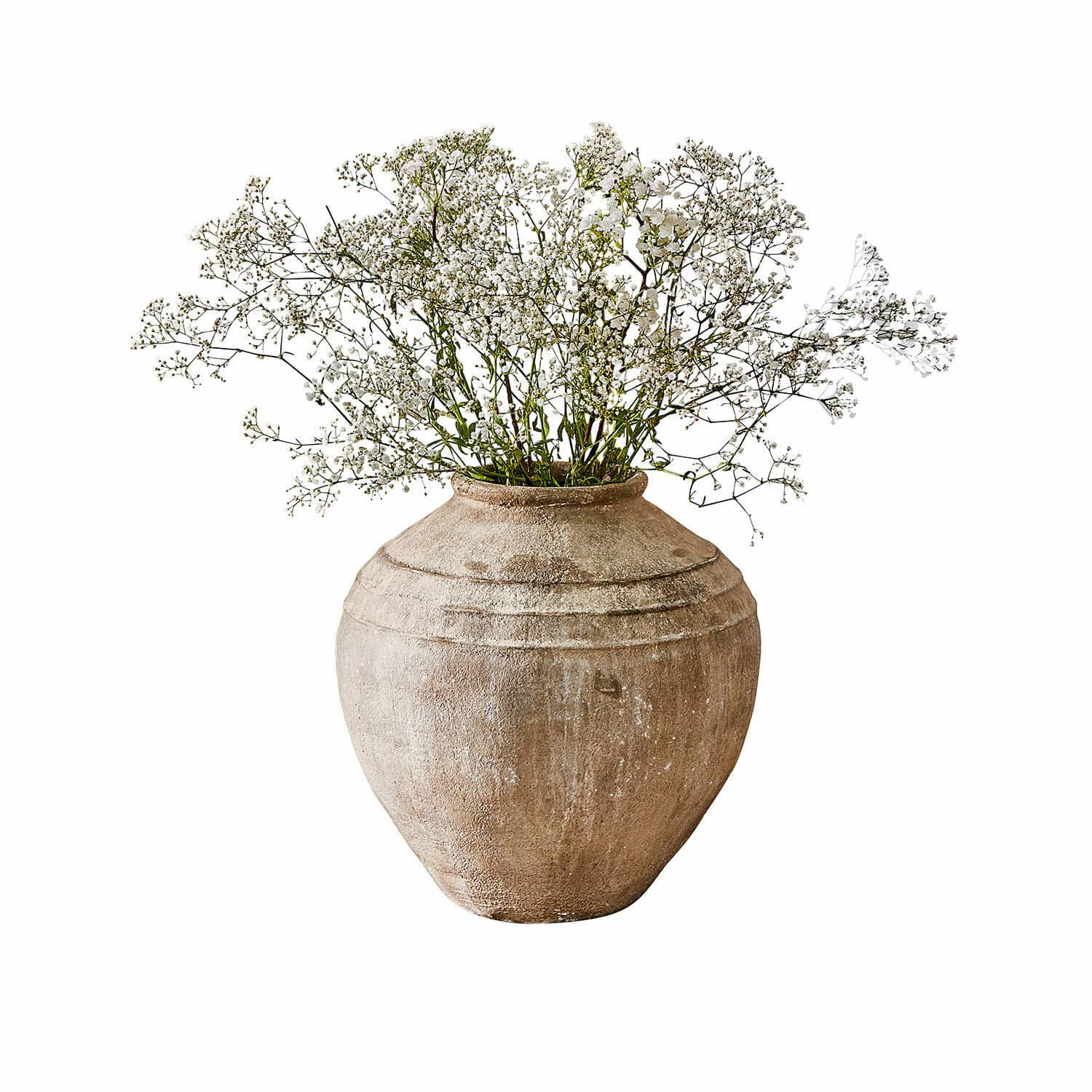 Vase Lanster Große beige Keramikvase mit zarten weißen Dekoblumen für Wohnraumgestaltung