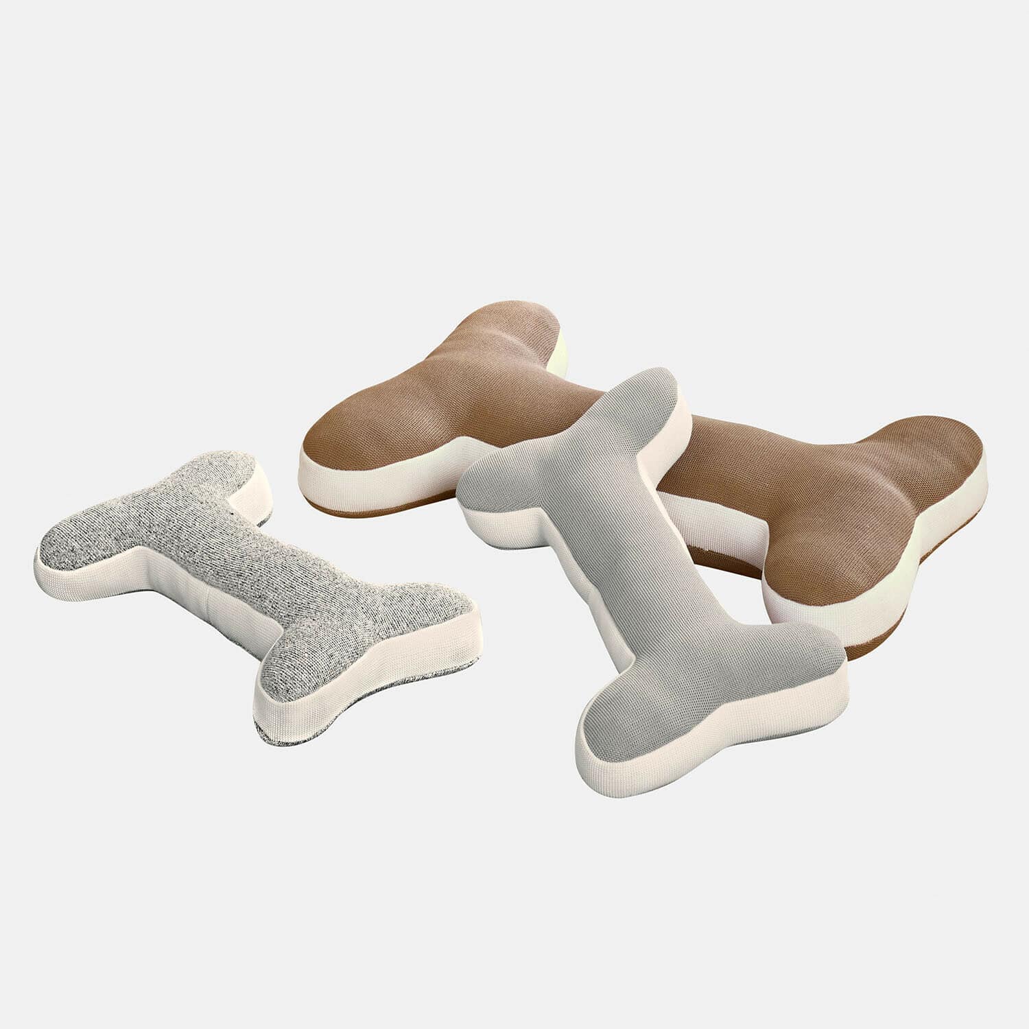 Drei weiche Hundespielzeuge in Knochenform aus braunem und grauem Textilmaterial