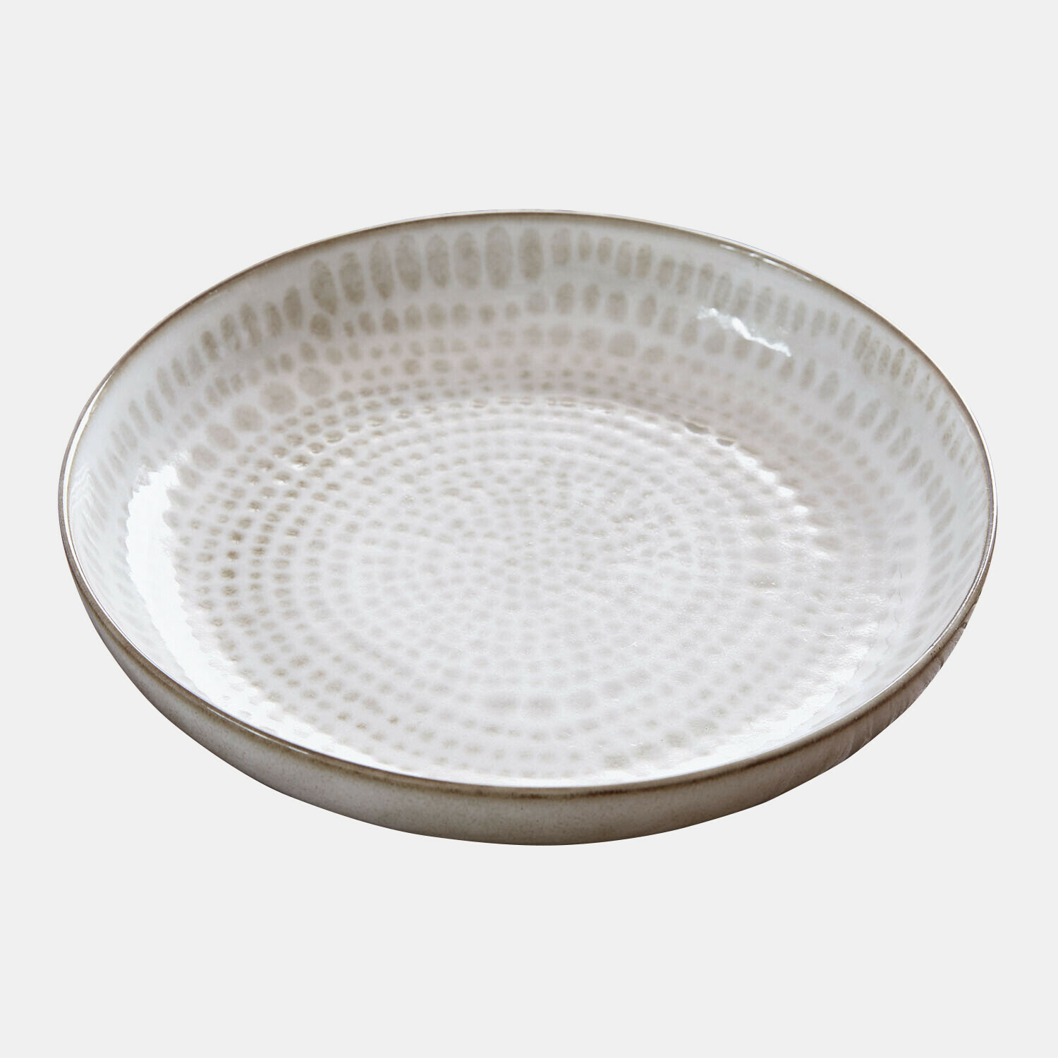 Keramikschale in Beige-Weiß mit strukturierter Oberfläche, ideal zum Servieren von Speisen.