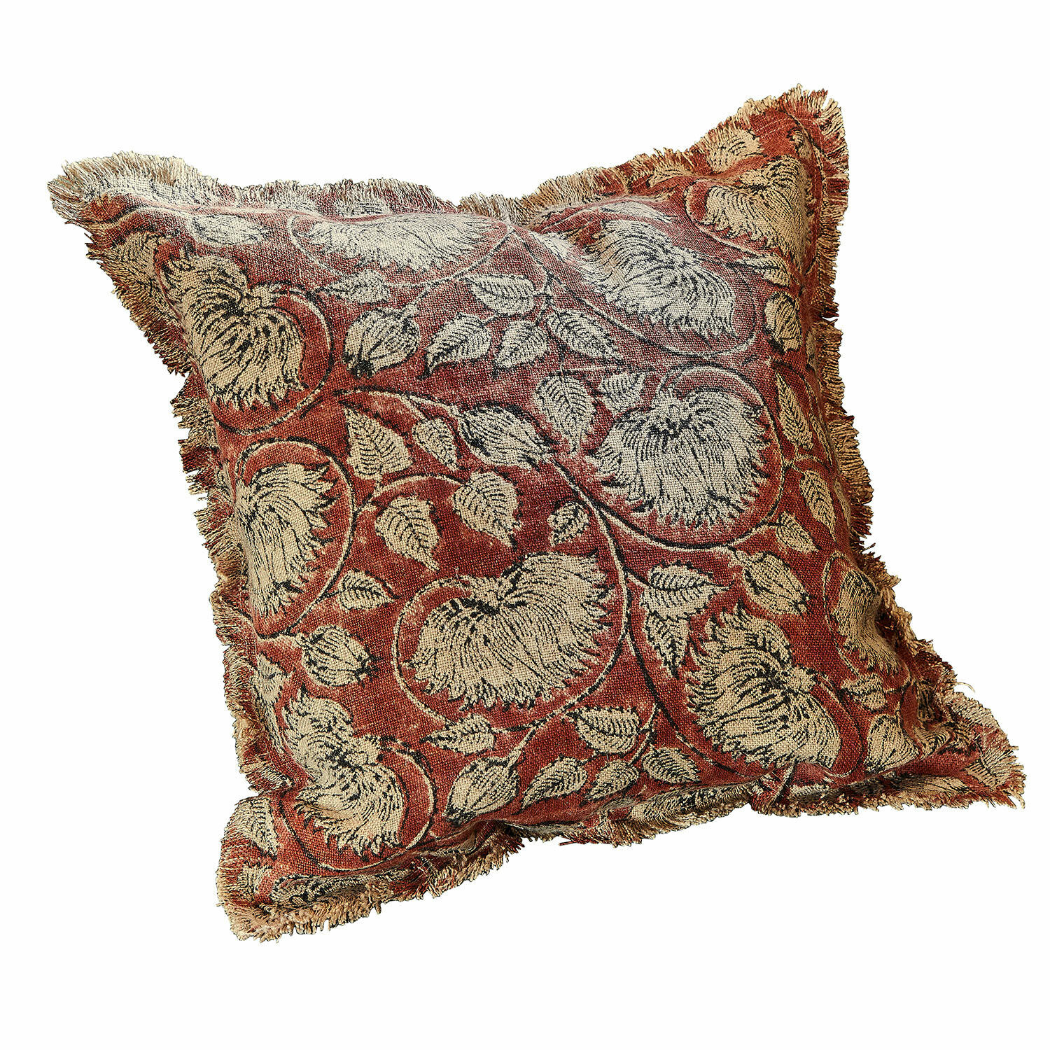 Kissenhülle Lemisto Dekoratives Kissen aus Stoff in Rot-Beige mit floralem Muster und Fransen, Wohnaccessoire
