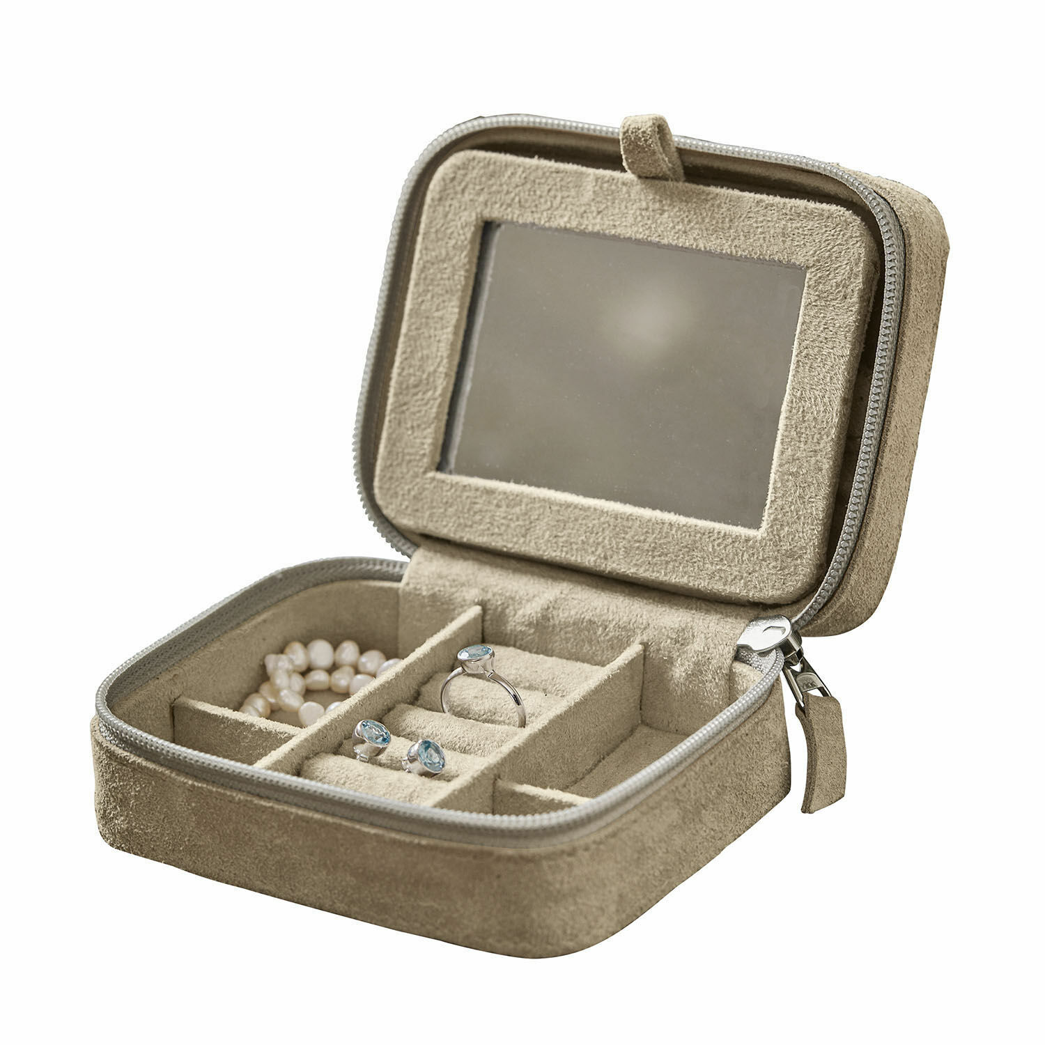 Beige Schmuckkästchen Angelique aus weichem Material mit Spiegel und Fächern für Ringe und Armbänder