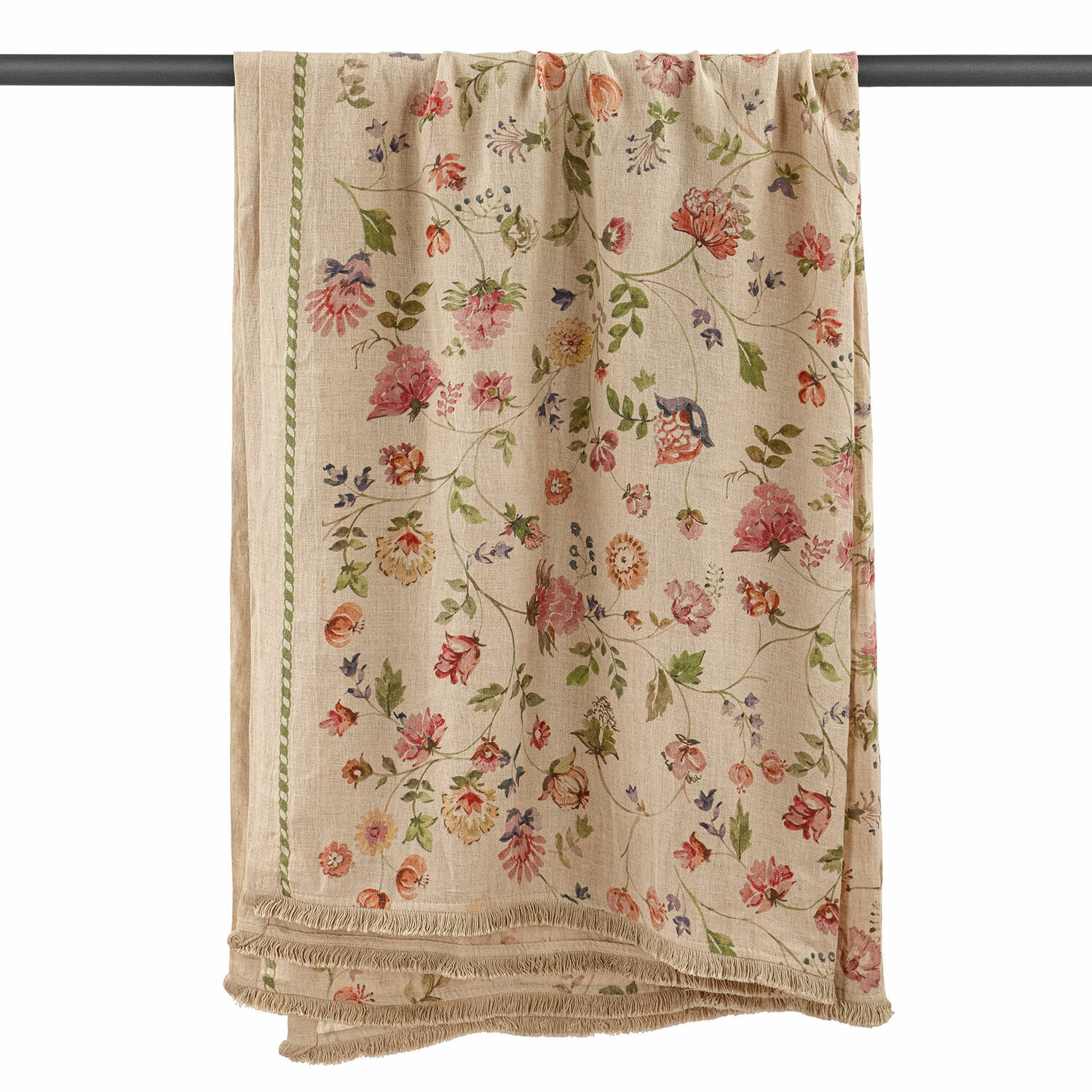 Beige Leinen-Decke mit buntem Blumenmuster und Fransen, dekorativer Heimtextil