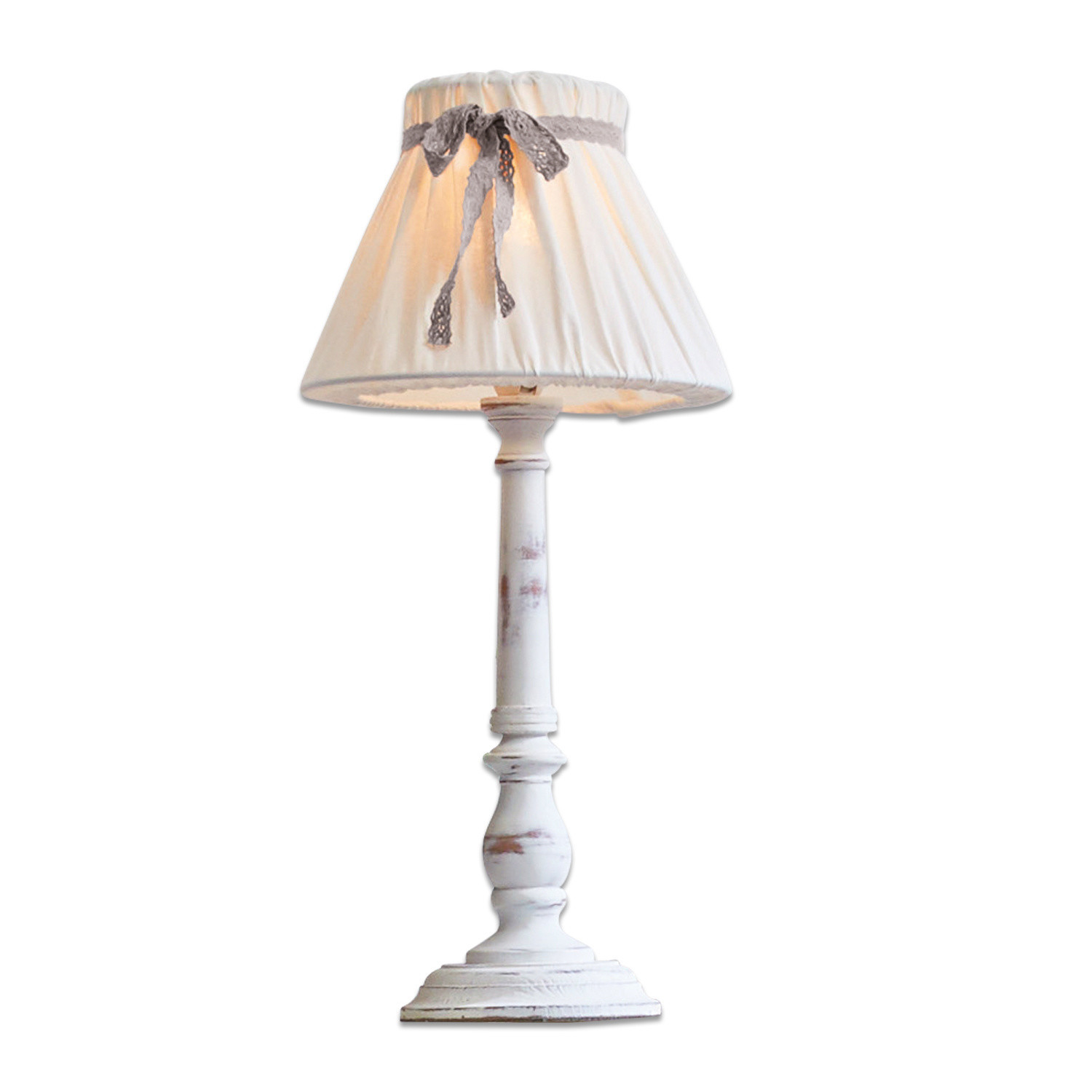 Tischlampe Valentin Weiße Holz-Tischlampe mit Stoffschirm und grauer Schleife, dekorative Wohnzimmerlampe