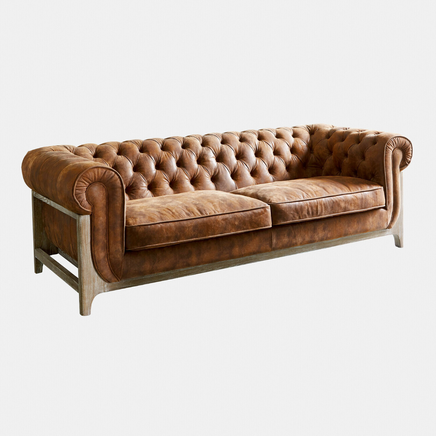 Braunes Ledersofa Swansboro mit gesteppter Rückenlehne und Holzrahmen für Wohnzimmer