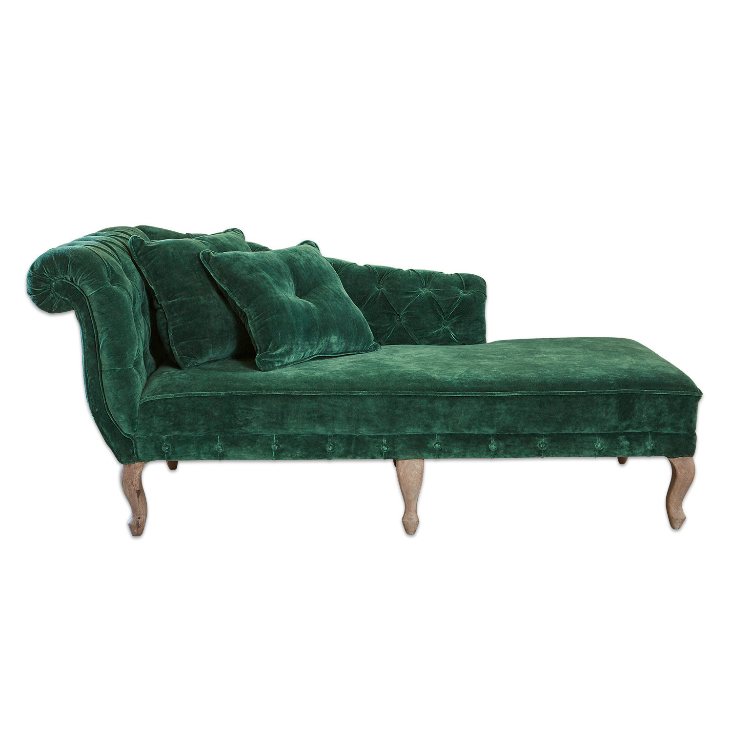 Chaiselongue Viviani Grüne Samt-Chaiselongue mit Holzbeinen und gesteppter Rückenlehne für Wohnzimmer