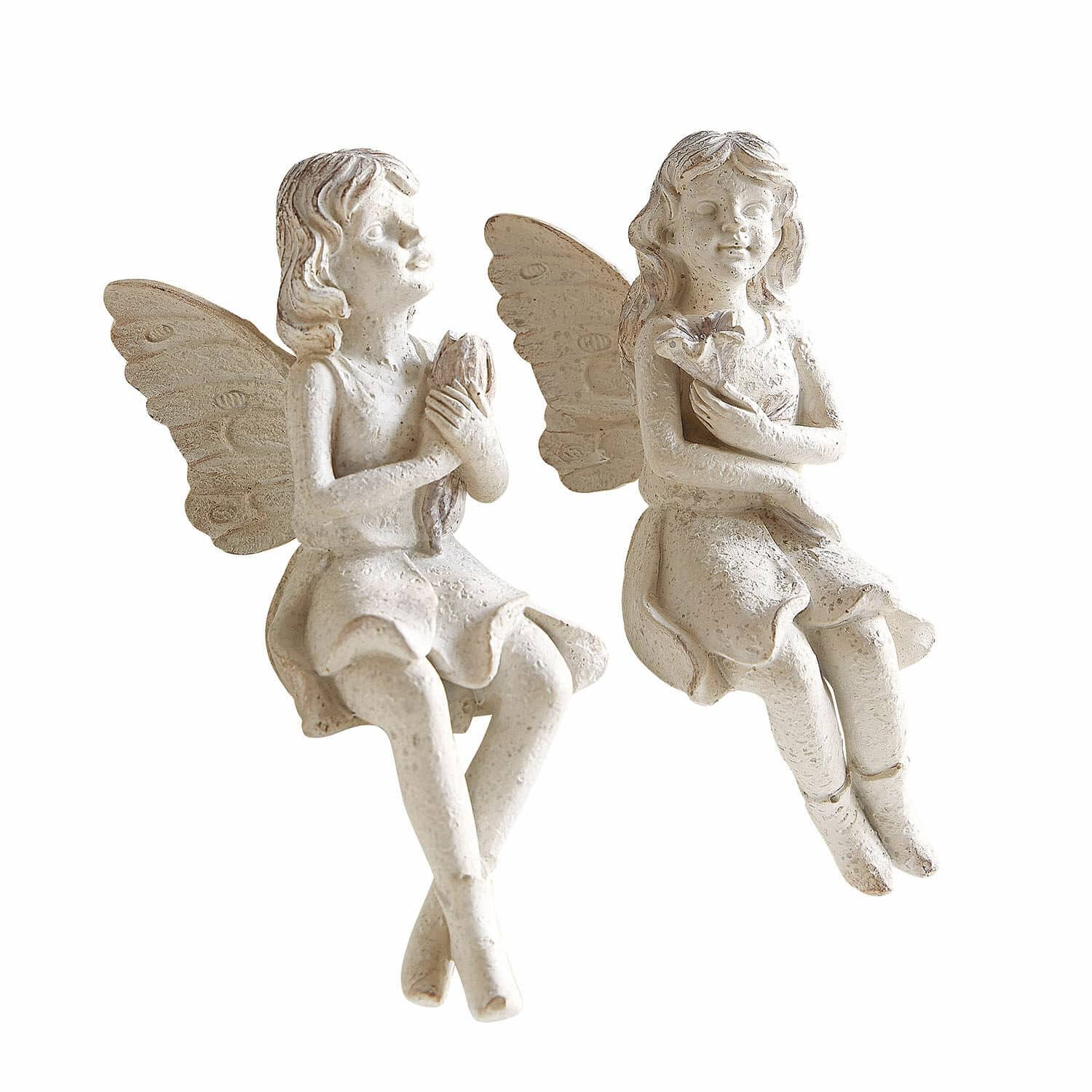 Figur 2er Set Zafarin Zwei weiße Engel-Figuren aus Resin mit filigranen Flügeln, dekorative Garten- oder Wohnaccessoires