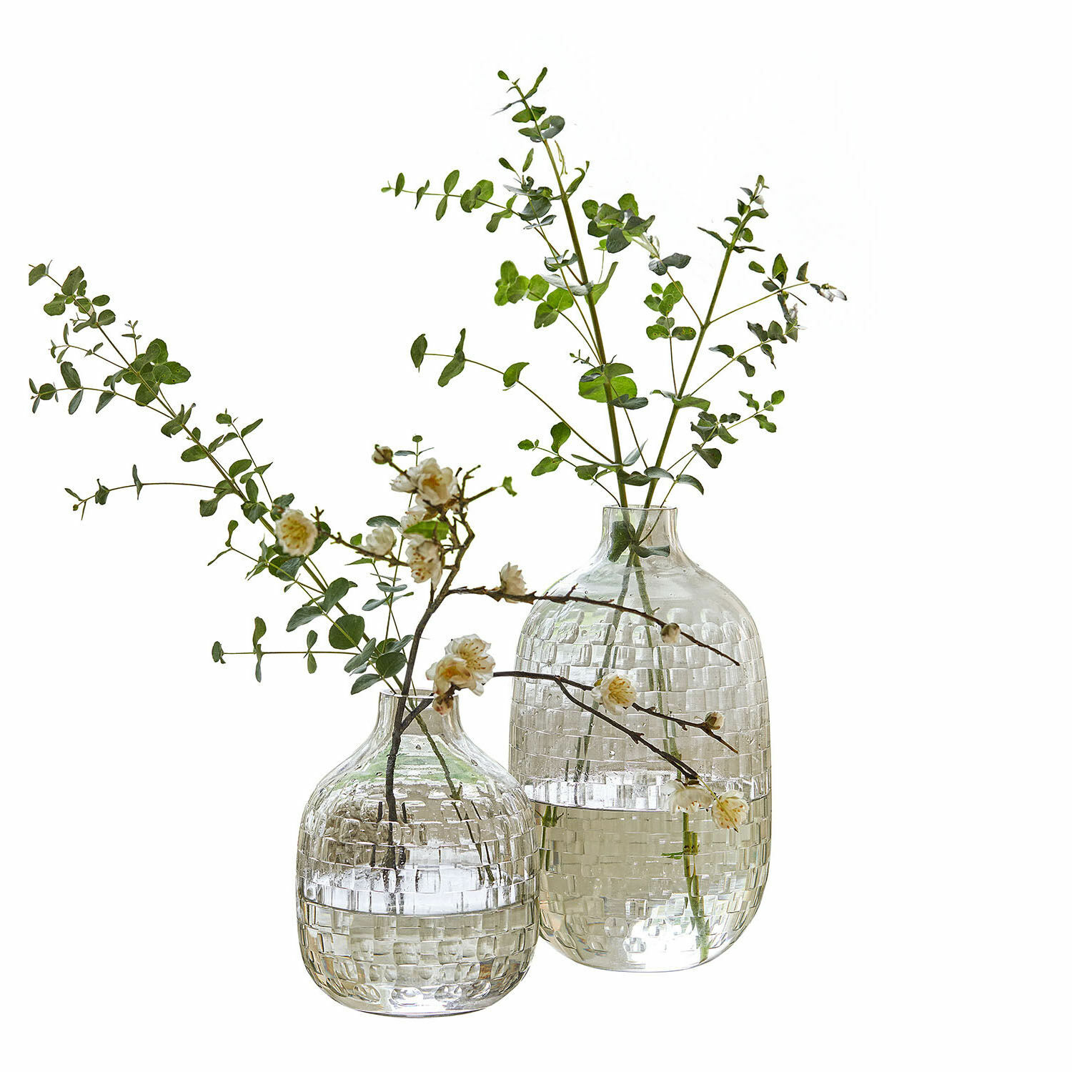 Vase 2er Set Qervilon Zwei durchsichtige Glasvasen mit Karomuster, gefüllt mit grünen Zweigen und weißen Blüten