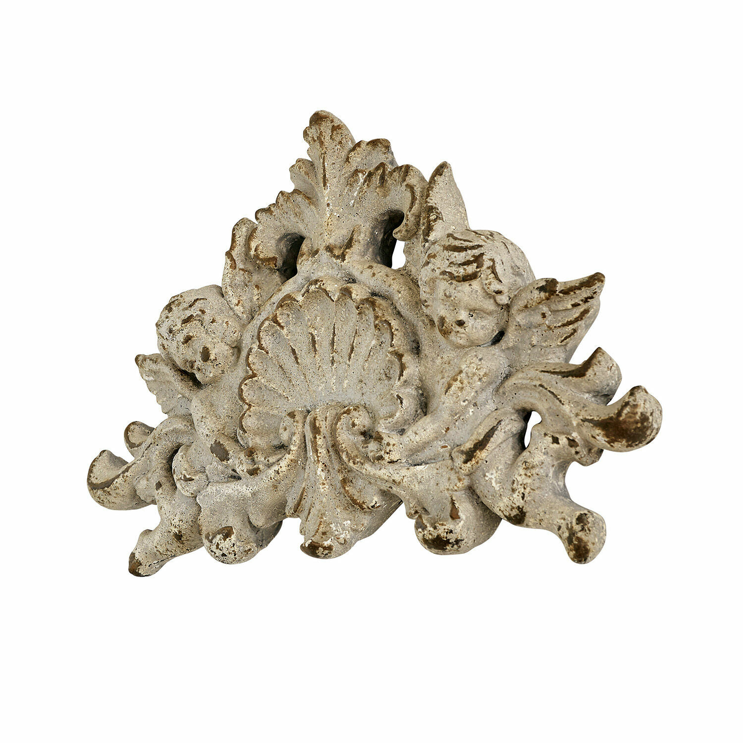 Wandornament Gordian Dekorativer Ornamentaufsatz aus weiß patinierter Resin mit Engeln für Vintage-Interieur