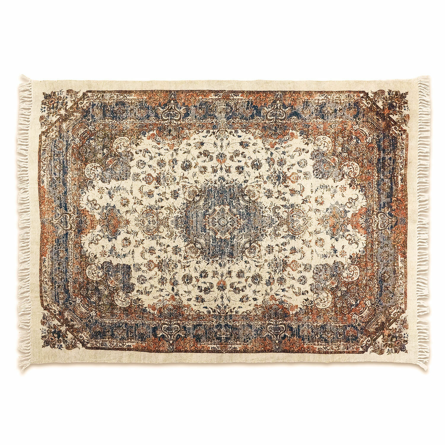 Teppich Aleixo Baumwollteppich mit orientalischem Muster in Creme, Blau und Braun mit dekorativen Fransen