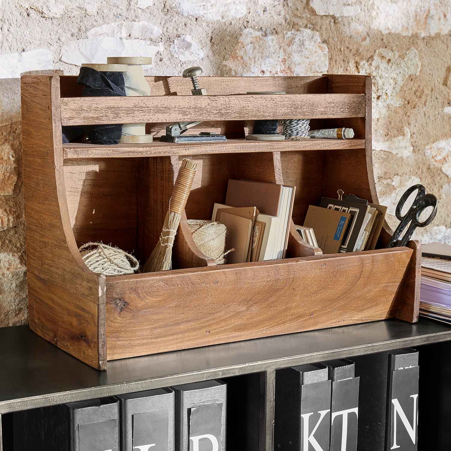 Holz-Organizer für den Schreibtisch mit Fächern für Dokumente und Bürobedarf, naturfarben